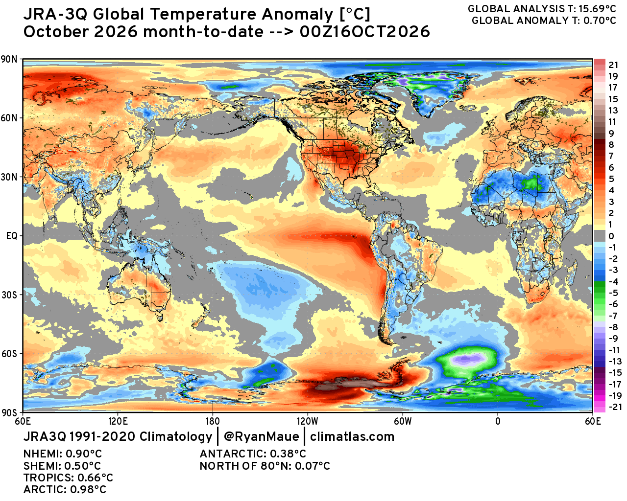 Global 2-meter temperature anomaly map, October 2026